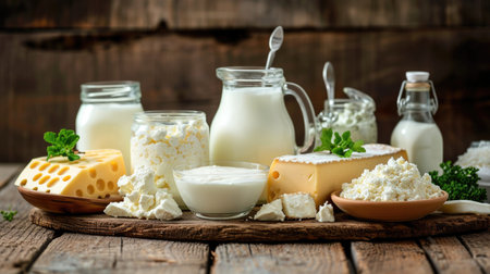 Various dairy products on rustic wood, including cheese and milkの素材