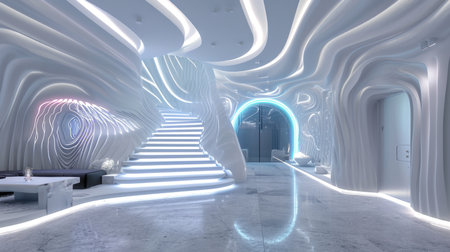 Luxurious white spiral staircase in a contemporary interior with ornate details and sunlightの素材
