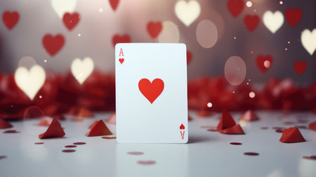 Ace of hearts playing card on white surface, surrounded by red heart confetti and bokehの素材