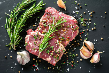 Raw steak seasoned with fresh herbs, garlic, and spices on a dark surfaceの素材