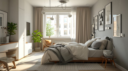 Warm bedroom with natural light and a sophisticated art deco styleの素材