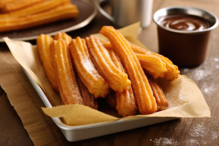 Golden churros dusted with sugar, served with a rich chocolate sauceの素材