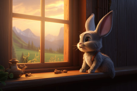 A stylized animated rabbit gazes out a wooden window at a sunset over mountainsの素材