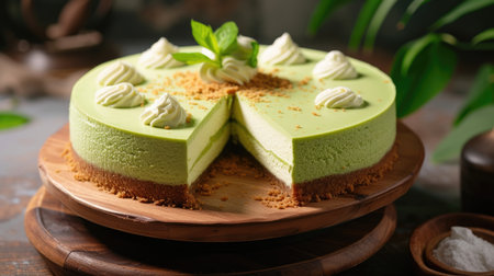 A slice of green tea cheesecake topped with creamの素材