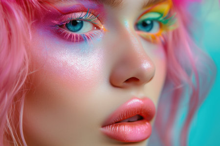 Close-up of a model with colorful, glittery makeupの素材