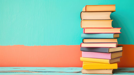 A tall stack of colorful books on a two-tone turquoise and coral backgroundの素材