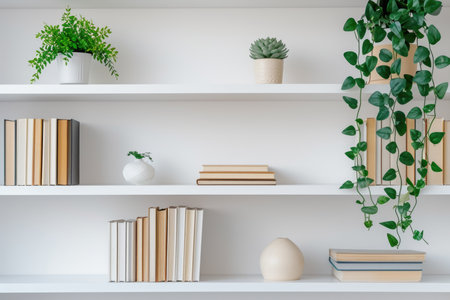 Contemporary shelf styling with a selection of books and various indoor plantsの素材