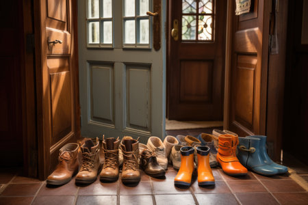 Family shoes and boots lined up at an indoor entrance, illuminated by sunlightの素材