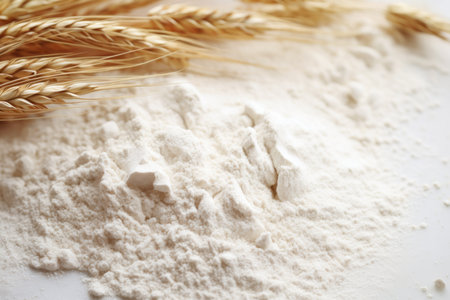 High-resolution image of wheat ears lying on a heap of white flour, details of grains and texturesの素材