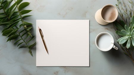 Elegant desk setup featuring a blank paper, pen, coffee cup, and greeneryの素材