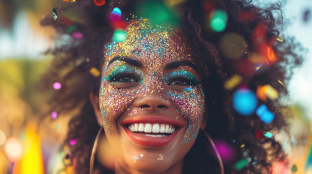 Portrait of young African American woman with bright makeup and sparkles on faceの素材