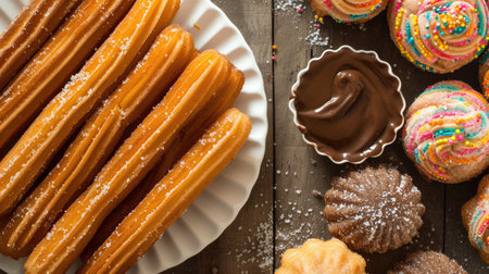 Churros with chocolate cream on wooden background. Top view.の素材