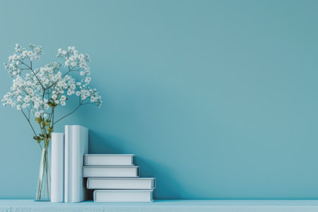 Blue wall with books and vase with white flowers. 3d renderingの素材