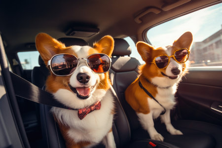 Two Corgis with sunglasses in a vehicle, one smilingの素材