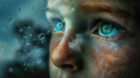 A child's intense blue eyes looking through a wet glass paneの素材