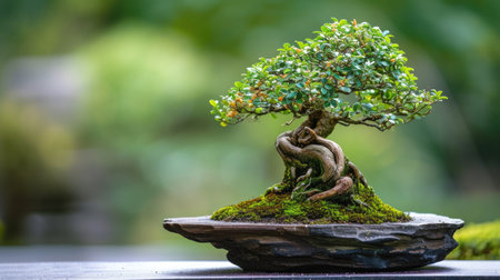 A serene bonsai tree on a rocky base, bathed in natural daylightの素材