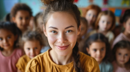 Smiling teacher with diverse group of young studentsの素材