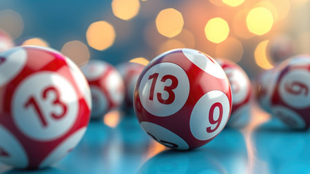 Close-up of numbered lottery balls with a shimmering background.の素材