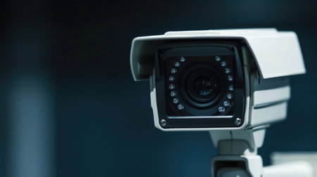 Close-up of a modern security camera mounted on a wallの素材