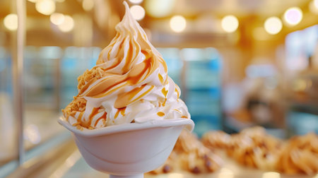 A bowl of soft serve ice cream drizzled with caramel and crumble toppingの素材
