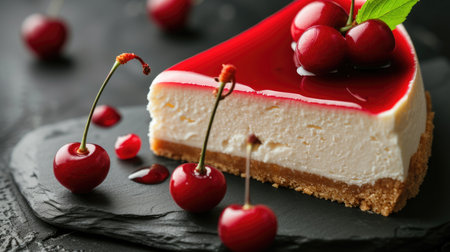 Glossy cherry topping on a cheesecake slice on a dark plateの素材