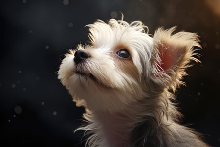 A Yorkshire Terrier puppy gazes up with an air of curiosityの素材