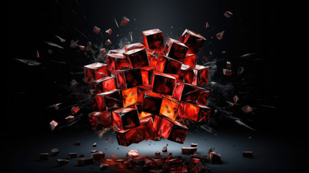 Dynamic explosion of red cubes on a dark backdrop, representing disruptionの素材