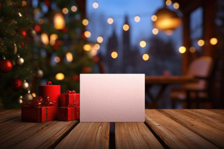 Festive Christmas setting with gifts and a blank card on a wooden tableの素材