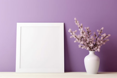 Elegant frame mockup with a vase of spring blossoms against a purple wallの素材