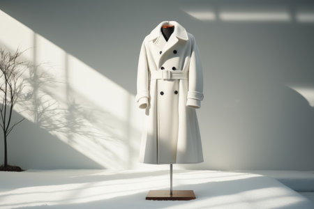 Fashionable white trench coat displayed on a mannequin against a snowy background with soft shadowsの素材