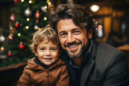 Smiling father and toddler son enjoying festive lightsの素材