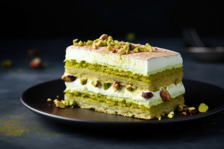A slice of pistachio cake with nuts topping on a black plateの素材