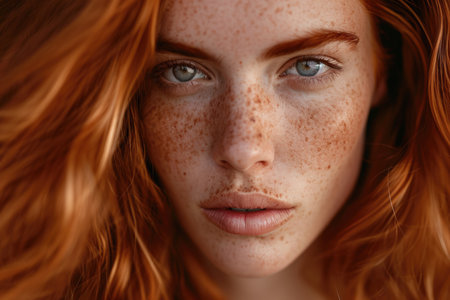 Close-up of a woman with striking red hair and vivid frecklesの素材