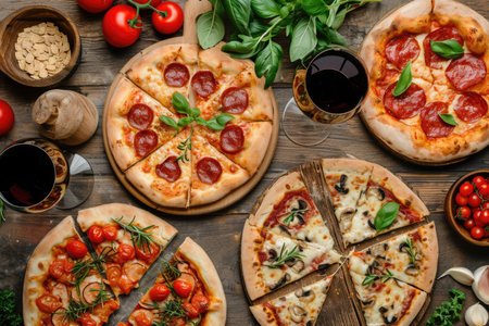 Variety of pizzas with toppings on rustic wooden backgroundの素材