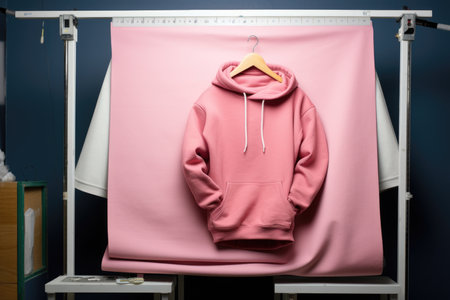A pink hoodie displayed on a mannequin in a studio settingの素材