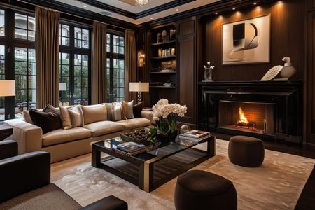 A modern library with a cozy fireplace, elegant furnishings, and rich wooden tonesの素材