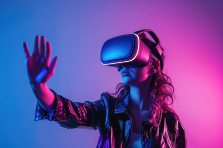 Woman with VR goggles gesturing in neon light, exploring digital worldsの素材