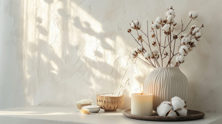 Stylish table with cotton flowers and aroma candles near light wallの素材