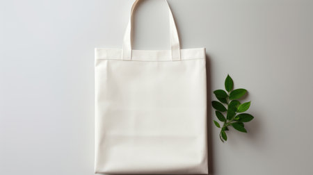 Layout for the design of a simple white canvas shopping bag with green plant leaves with space to copyの素材