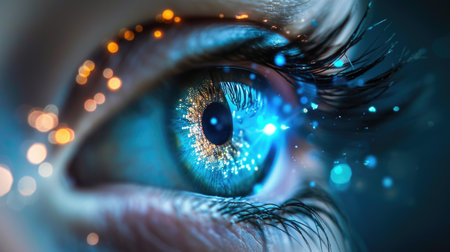 Close-up of a human eye with digital enhancements and a futuristic blue glowの素材