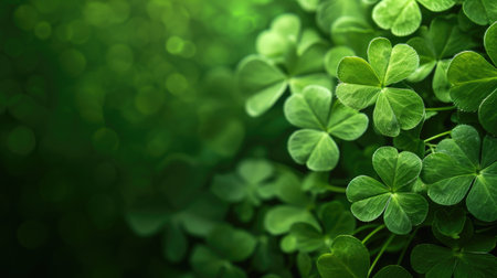 Saint Patrick's Day background made of vivid shamrocks with empty copy spaceの素材