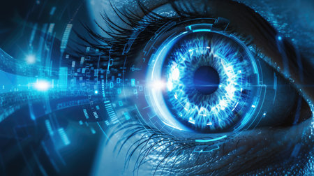 Human eye with a captivating blue tech data visualization conceptの素材