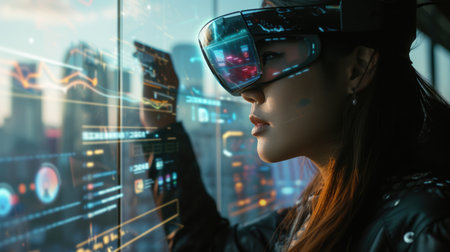 Woman wearing virtual reality goggles, cityscape reflected in lens, tech interfaceの素材