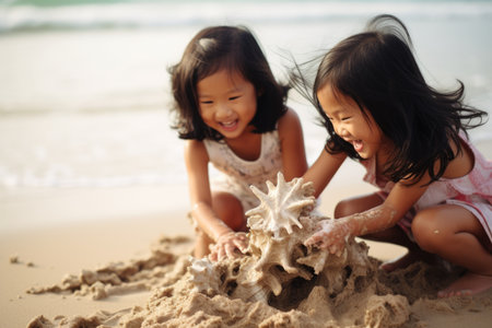 Two young sisters laugh as they play with sand on a sunny beachの素材