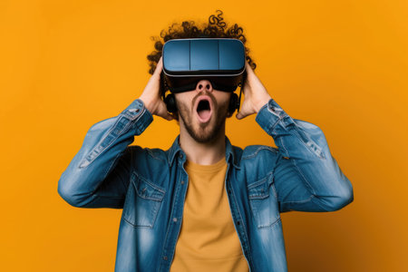 Man with VR headset against yellow background, expressing shock and aweの素材