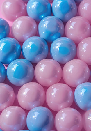 Close-up of shiny pink and blue gumballs with a glittery coatingの素材