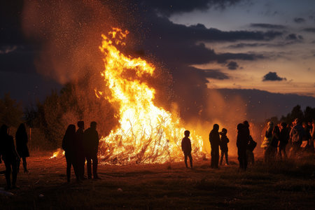 Silhouetted figures watch a towering bonfire against the evening skyの素材