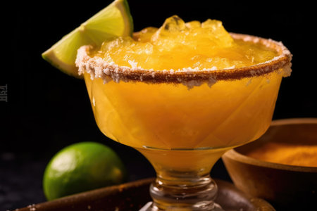 Close-up of a frosty margarita glass with lime, salt rim, against a dark backgroundの素材