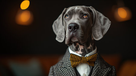 Great Dane dressed in tweed vest and bow tie with a pensive lookの素材