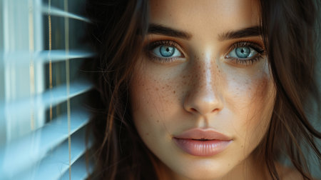 Intense close-up of a young woman's face highlighting her freckles and piercing blue eyesの素材